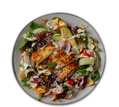 Charred halloumi salad with lemon-mint yogurt dressing