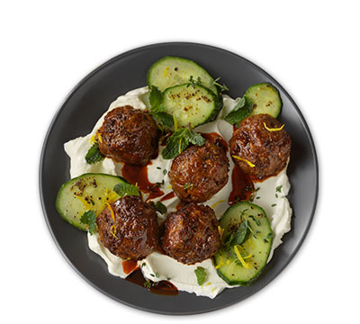 Spiced lamb meatballs with yogurt labneh and cucumbers