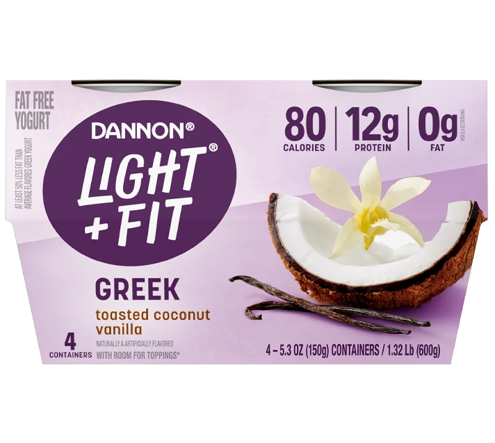 Light + Fit Fat Free Greek Yogurt, Toasted Coconut Vanilla, 5.3oz 4pk