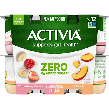 Activia® Zero 0g Added Sugar Yogurt | Strawberry Banana and Peach 4oz 12-Count Wholesale
