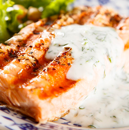 Pan-Roasted Salmon with Tzatziki & Fennel Arugula Salad