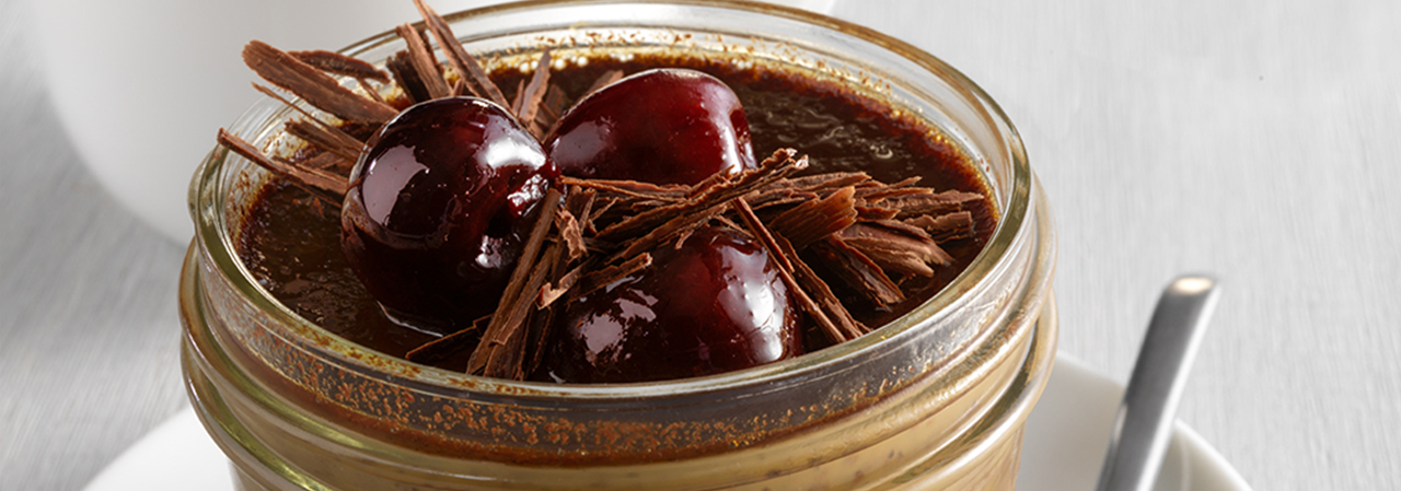 Espresso Custard with Shaved Chocolate and Cherries