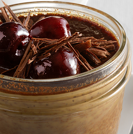 Espresso Custard with Shaved Chocolate and Cherries