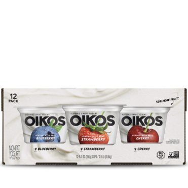 Oikos Blended Nonfat Greek Yogurt 0%, Blueberry, Strawberry Cherry 5.3 oz - Danone Food Service